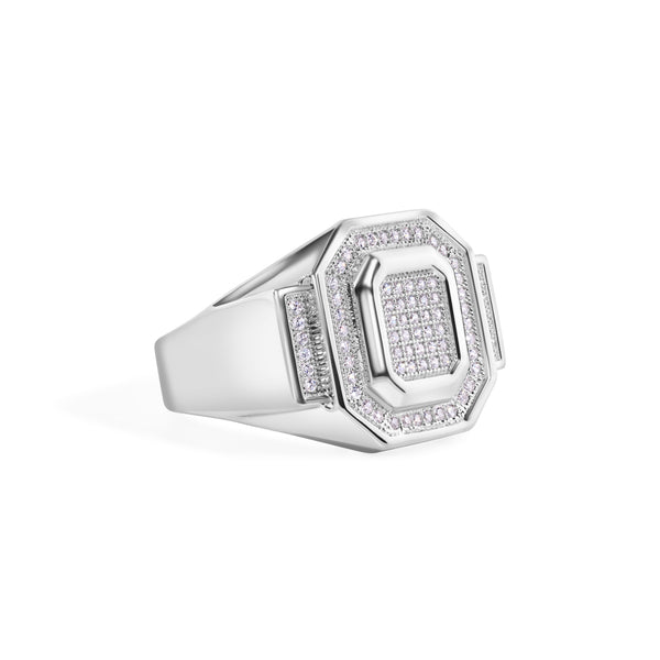 Rhodium Plated 925 Sterling Silver Men's Embossed Octagon Top Round Cut Clear CZ 18.5mm Ring - GMR00398