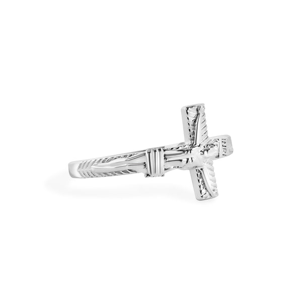Rhodium Plated 925 Sterling Silver Cross Jesus Christ 2.6mm Ring - GMR00406