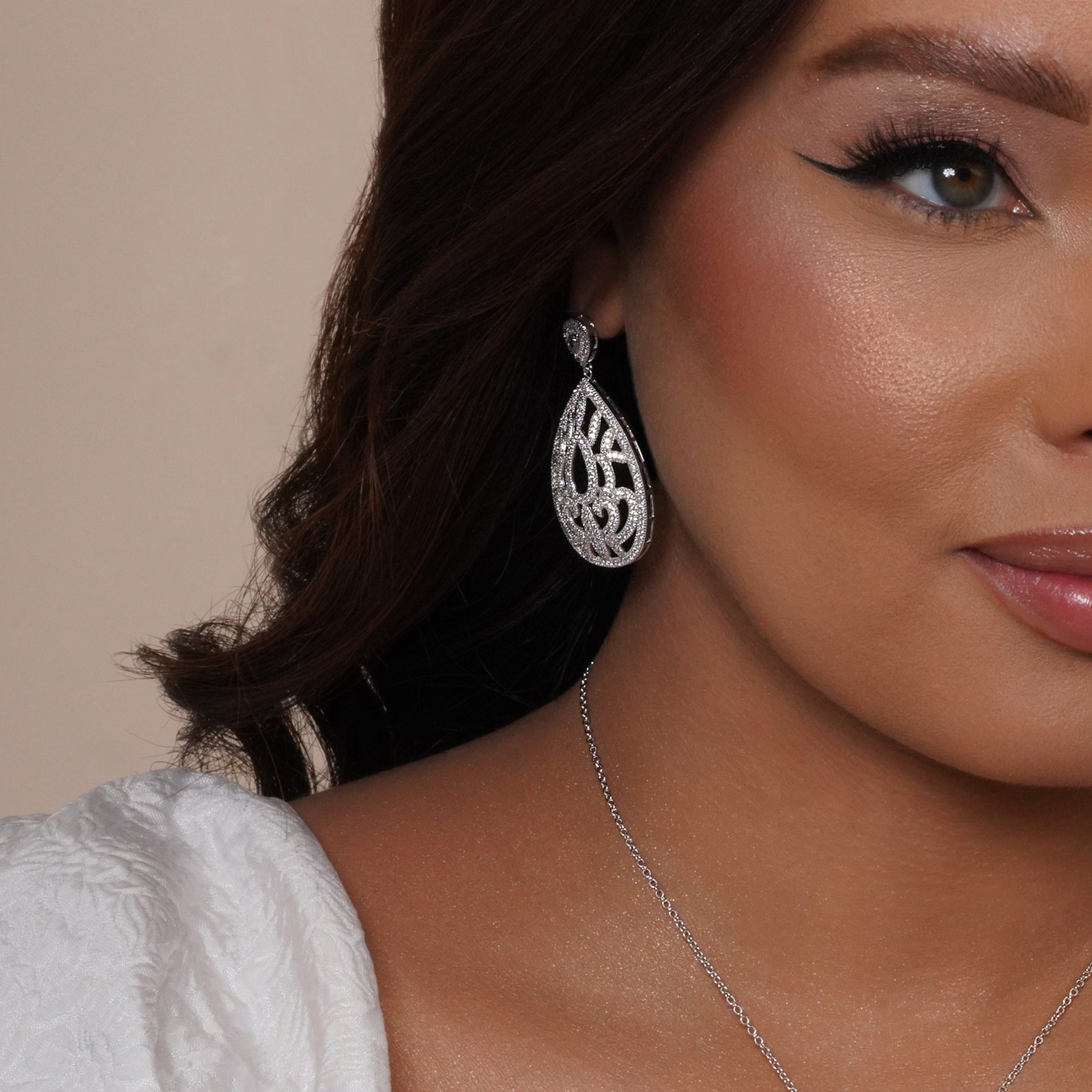 Silver 925 Rhodium Plated Clear Filigree Micro Pave CZ Dangling Stud Earring and Necklace Set - GMS00007RH