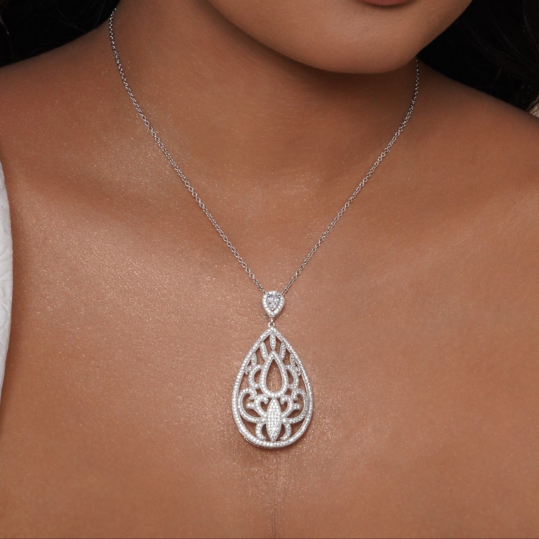 Silver 925 Rhodium Plated Clear Filigree Micro Pave CZ Dangling Stud Earring and Necklace Set - GMS00007RH