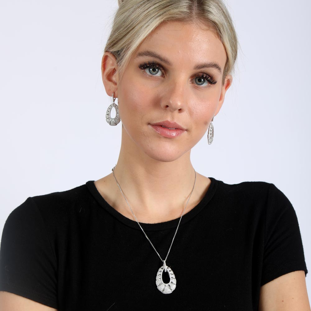 Silver 925 Rhodium Plated Clear Micro Pave Open Puff Teardrop CZ Dangling Stud Earring and Dangling Necklace Set - GMS00013RH