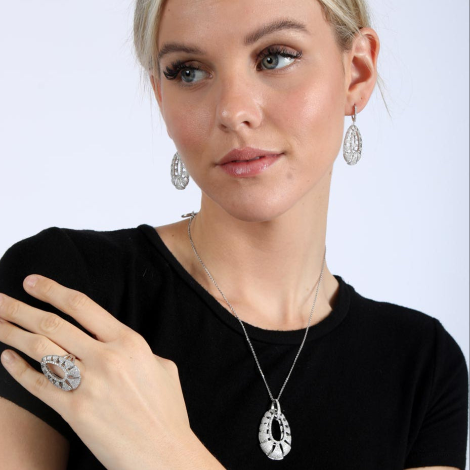 Silver 925 Rhodium Plated Clear Micro Pave Open Puff Teardrop CZ Dangling Stud Earring and Dangling Necklace Set - GMS00013RH