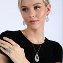 Silver 925 Rhodium Plated Clear Micro Pave Open Puff Teardrop CZ Dangling Stud Earring and Dangling Necklace Set - GMS00013RH