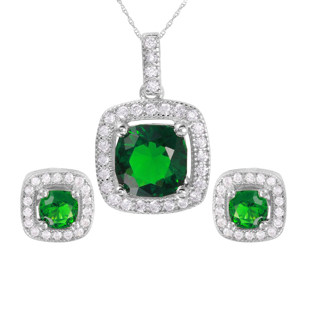 Conjunto de plata 925 rodiada con circonita cúbica y piedra de nacimiento cuadrada - GMS00020