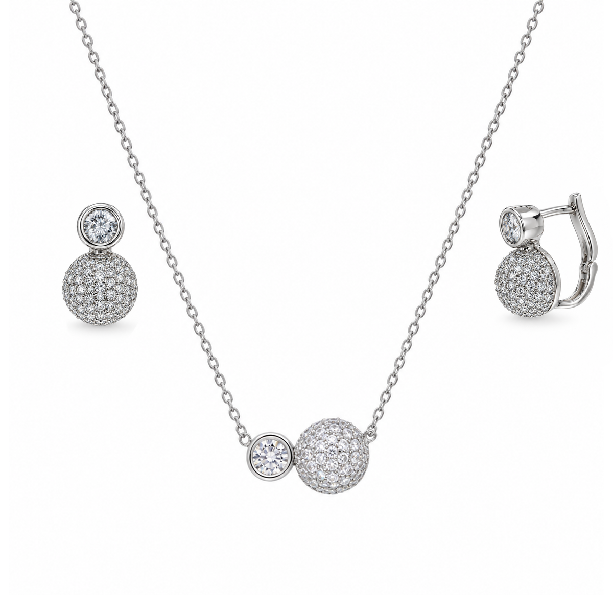 Rhodium Plated 925 Sterling Silver Bezel Half Dome CZ Earring and Necklace Set- GMS00024RH