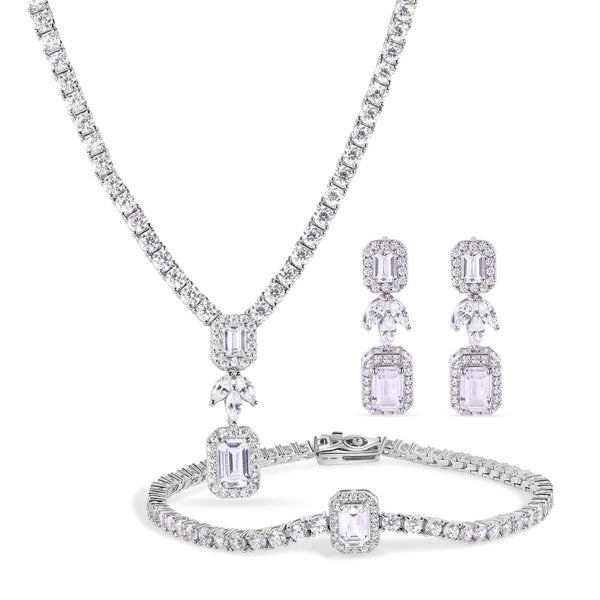 Rhodium Plated 925 Sterling Silver Baguette Center Stone Clear CZ Tennis 2.6mm Necklace Bracelet and Dangling Earring Set - GMS00030