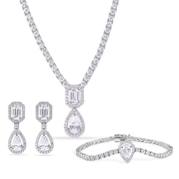 Rhodium Plated 925 Sterling Silver Pear Cut Center Stone Clear CZ Tennis 2.6mm Necklace Bracelet and Dangling Earring Set - GMS00032