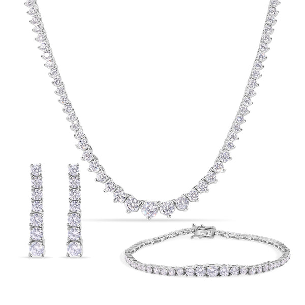 Rhodium Plated 925 Sterling Silver Clear CZ Tennis 2.6mm Necklace Bracelet and Climbing Earring Set - GMS00033