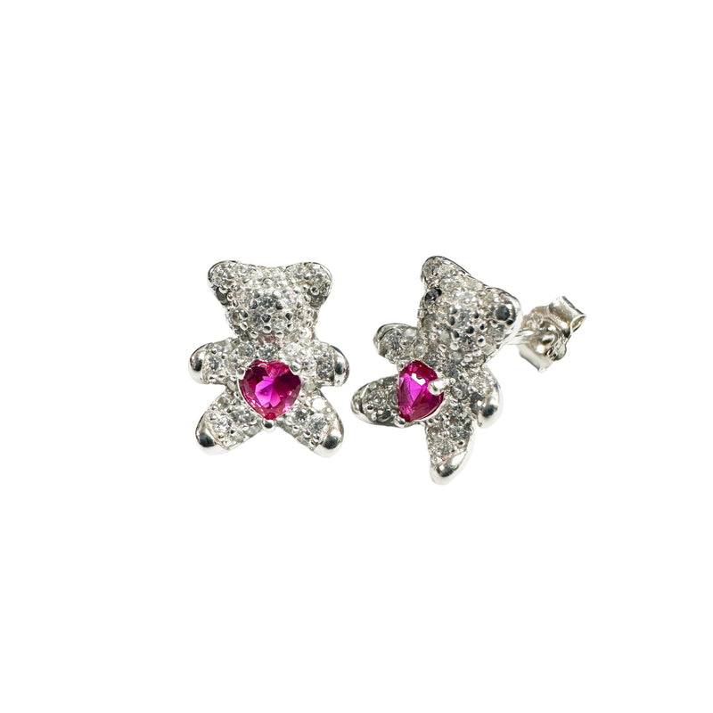 Sterling Silver Rhodium Plated Bear Heart Clear and Red CZ Stud Earrings - STE01377