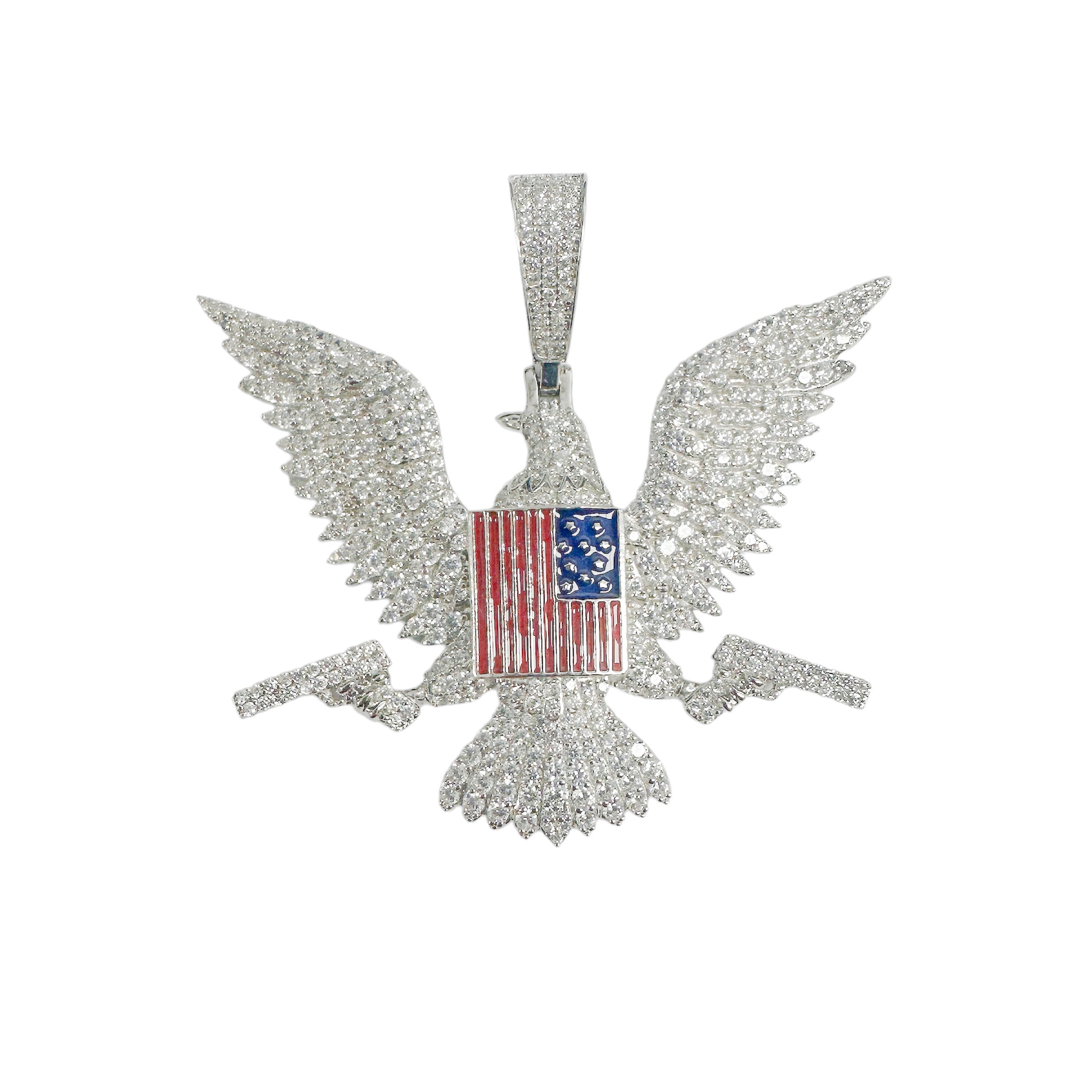 Colgante de plata de ley 925 rodiada con bandera americana de águila y pistola con circonitas transparentes - SLP00400