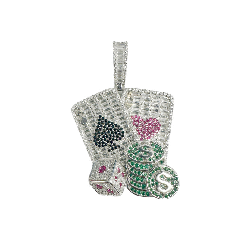 Rhodium Plated 925 Sterling Silver Cards Dice and Chips Clear Baguette Green Red and Black CZ Pendant - SLP00409