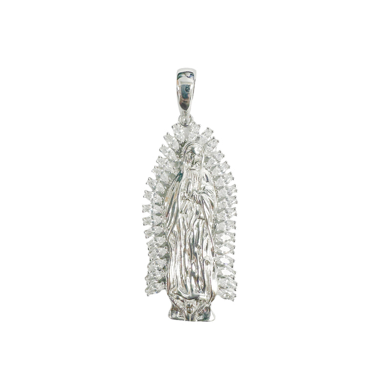 Rhodium Plated 925 Sterling Silver Our Lady Of Guadalupe Baguette Clear CZ Pendant - SLP00417