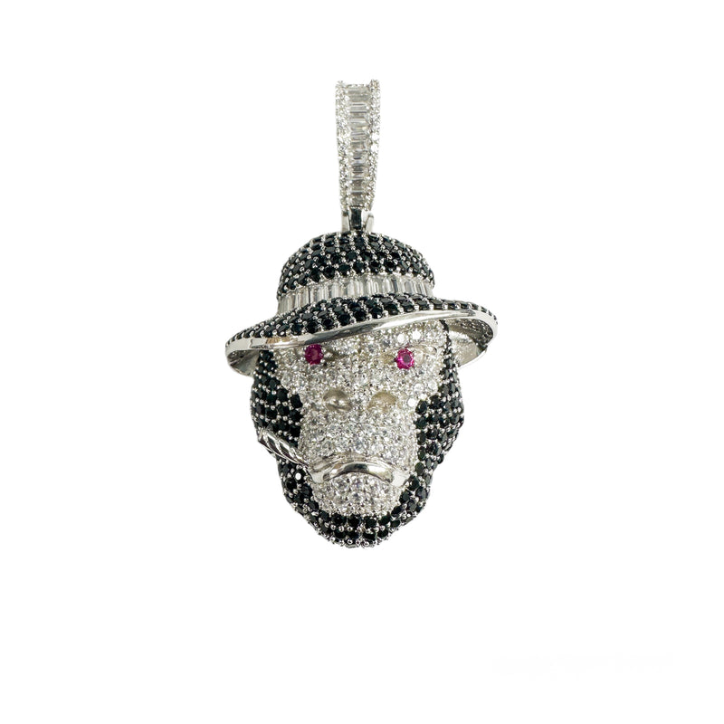Rhodium Plated 925 Sterling Silver Smoking Ape Monkey Hat Clear Red and Black CZ Pendant - SLP00419