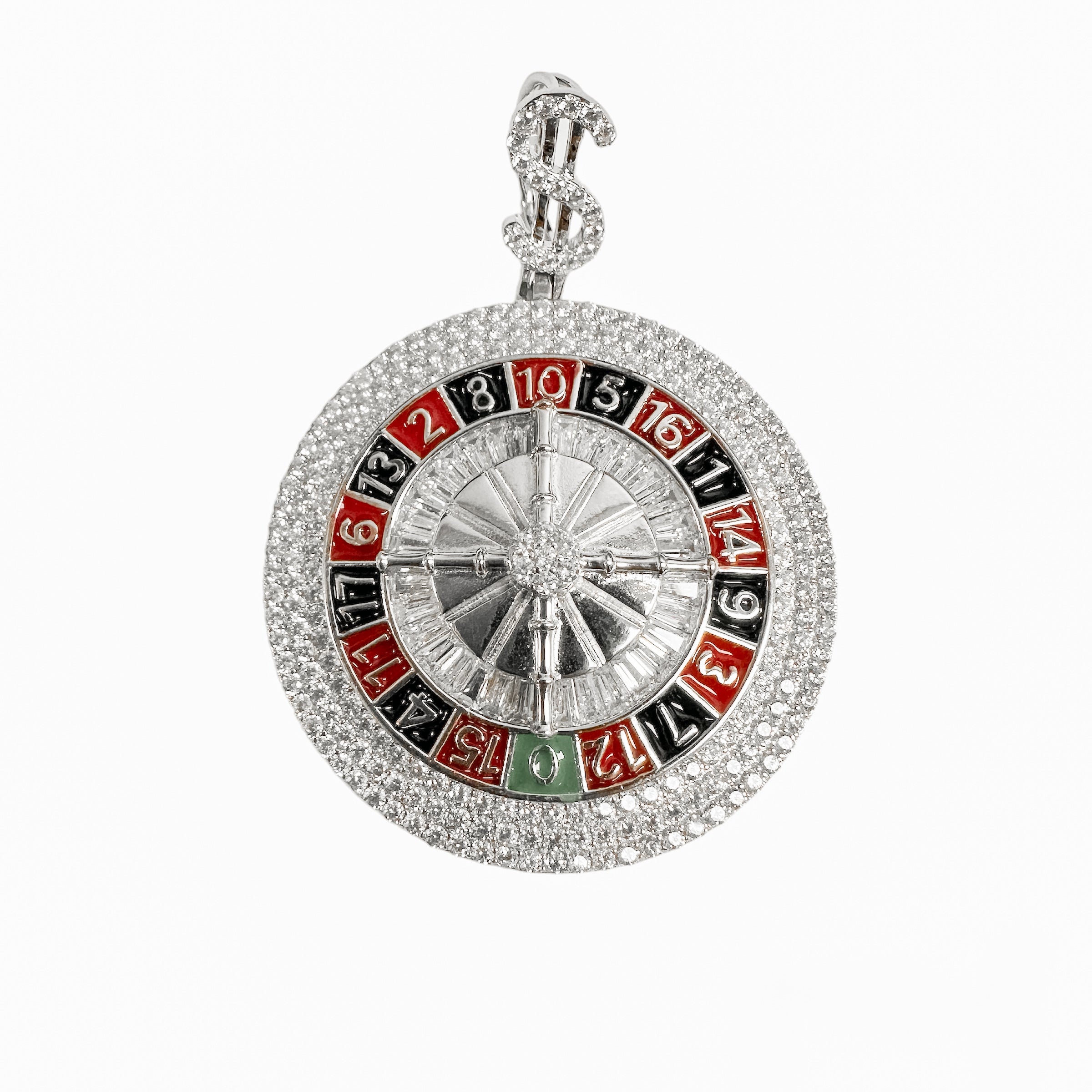 Rhodium Plated 925 Sterling Silver Casino Roulette Clear CZ Enamel Pendant - SLP00362