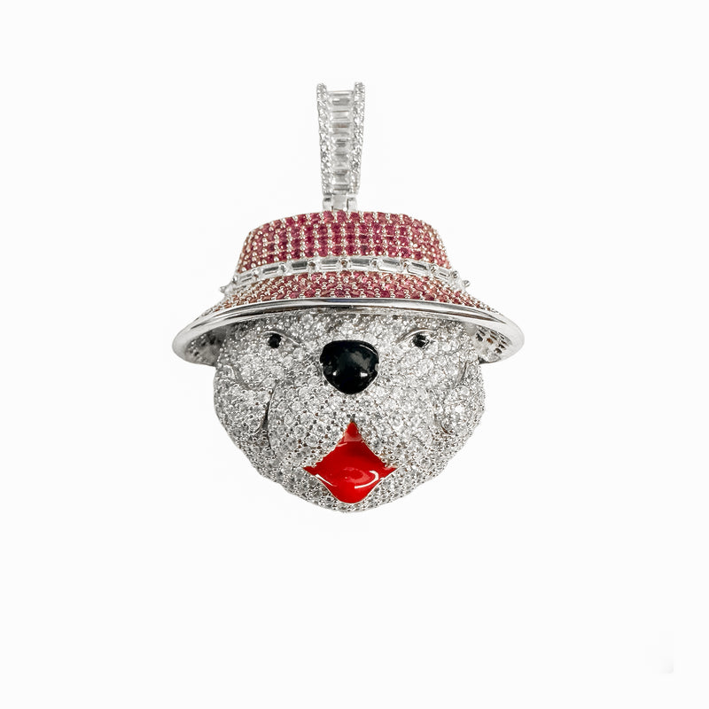 Rhodium Plated 925 Sterling Silver Bear Hat Clear and Pink CZ Red Enamel Tounge Pendant - SLP00411