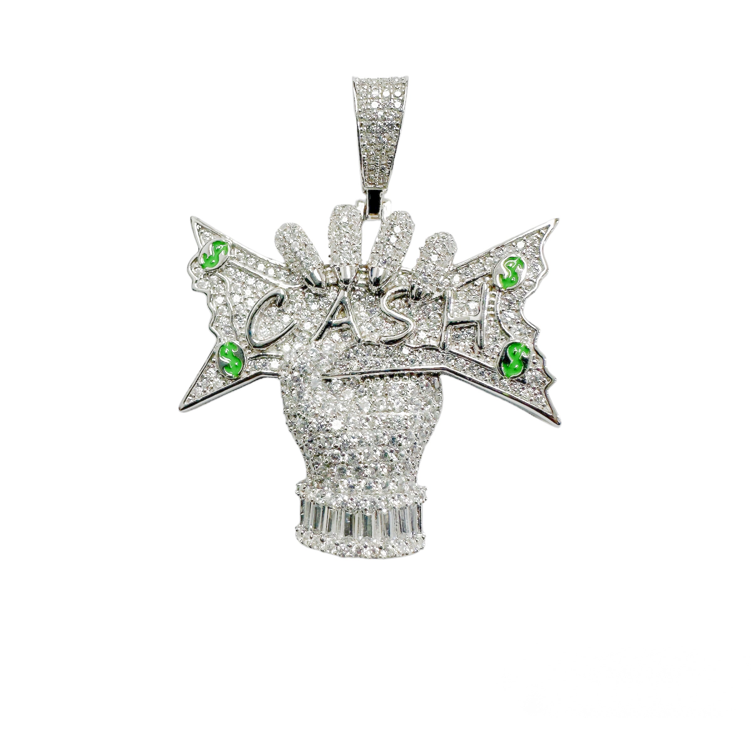 Rhodium Plated 925 Sterling Silver Cash Hands Dollar Sign Clear CZ Green Enamel Pendant - SLP00393