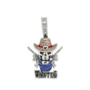 Rhodium Plated 925 Sterling Silver Wild West Skull Guns Wanted Brown Clear Blue CZ Pendant - SLP00386