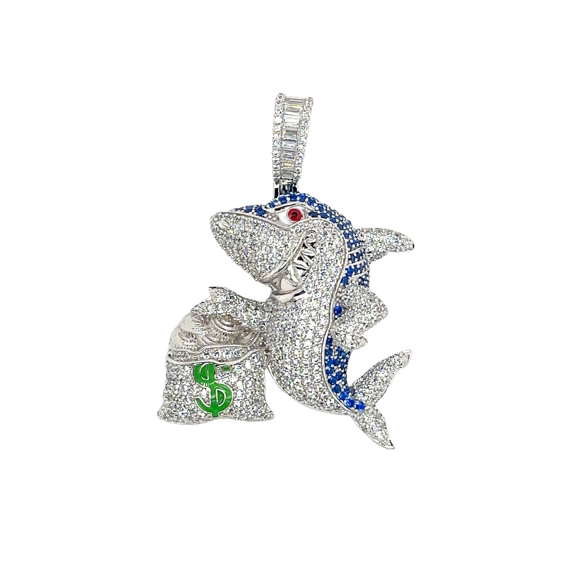 Rhodium Plated 925 Sterling Silver Money Bag Shark Greed Clear and Blue CZ Pendant - SLP00423