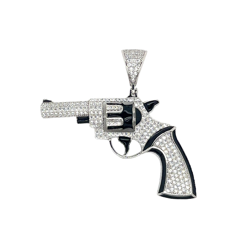 Rhodium Plated 925 Sterling Silver Spinning Revolver Gun Clear CZ Black Enamel Pendant - SLP00424