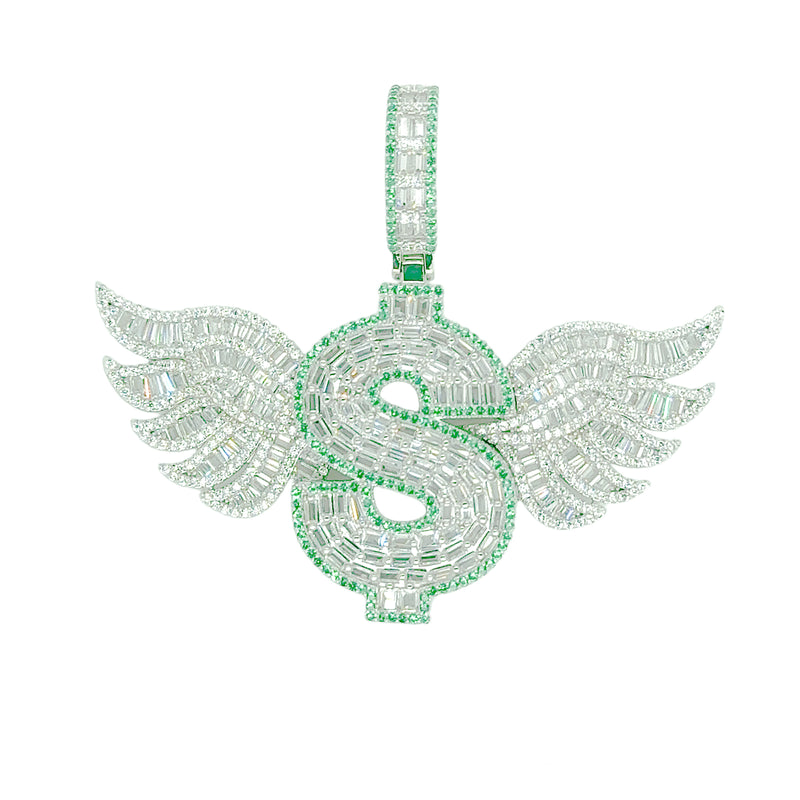 Rhodium Plated 925 Sterling Silver Dollar Sign Wings Baguette Clear and Green CZ Pendant - SLP00426