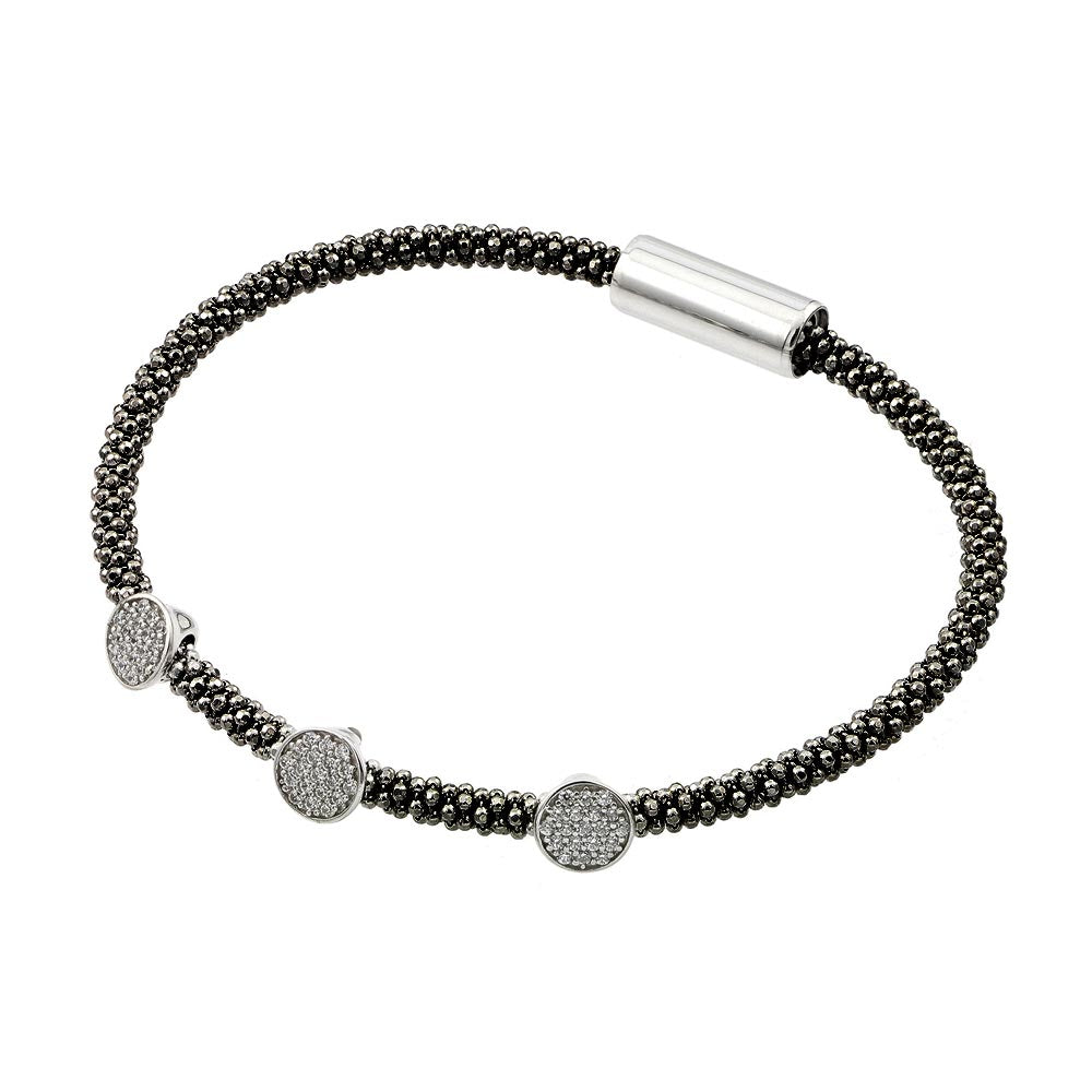Pulsera italiana de plata de ley 925 con baño de rodio negro y circonitas transparentes de tres círculos - ITB00154BLK