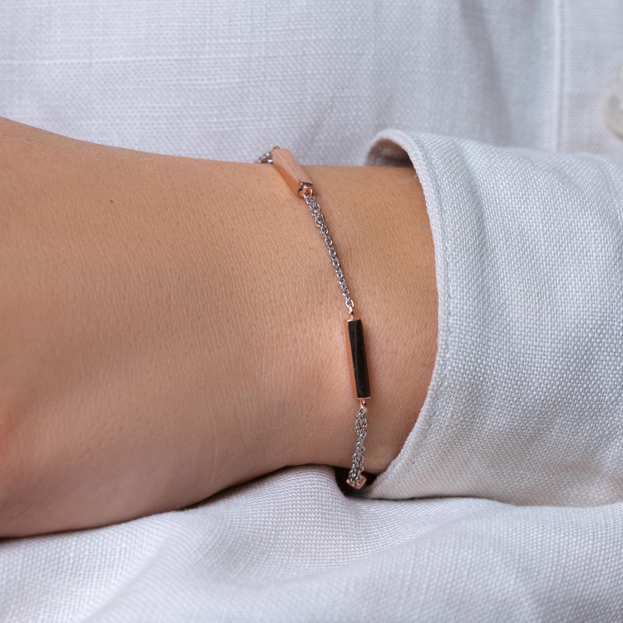 Cadena de Plata 925 Rodiada con 3 Barras Chapadas en Oro Rosa Pulsera Italiana - ITB00163RH-RGP