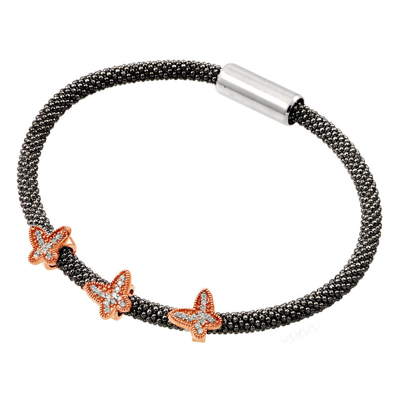 Wholesale Sterling Silver 925 Rose Gold and Black Rhodium Plated Butterfly Micro Pave Clear CZ Beaded Italian Bracelet - ITB00176BLK