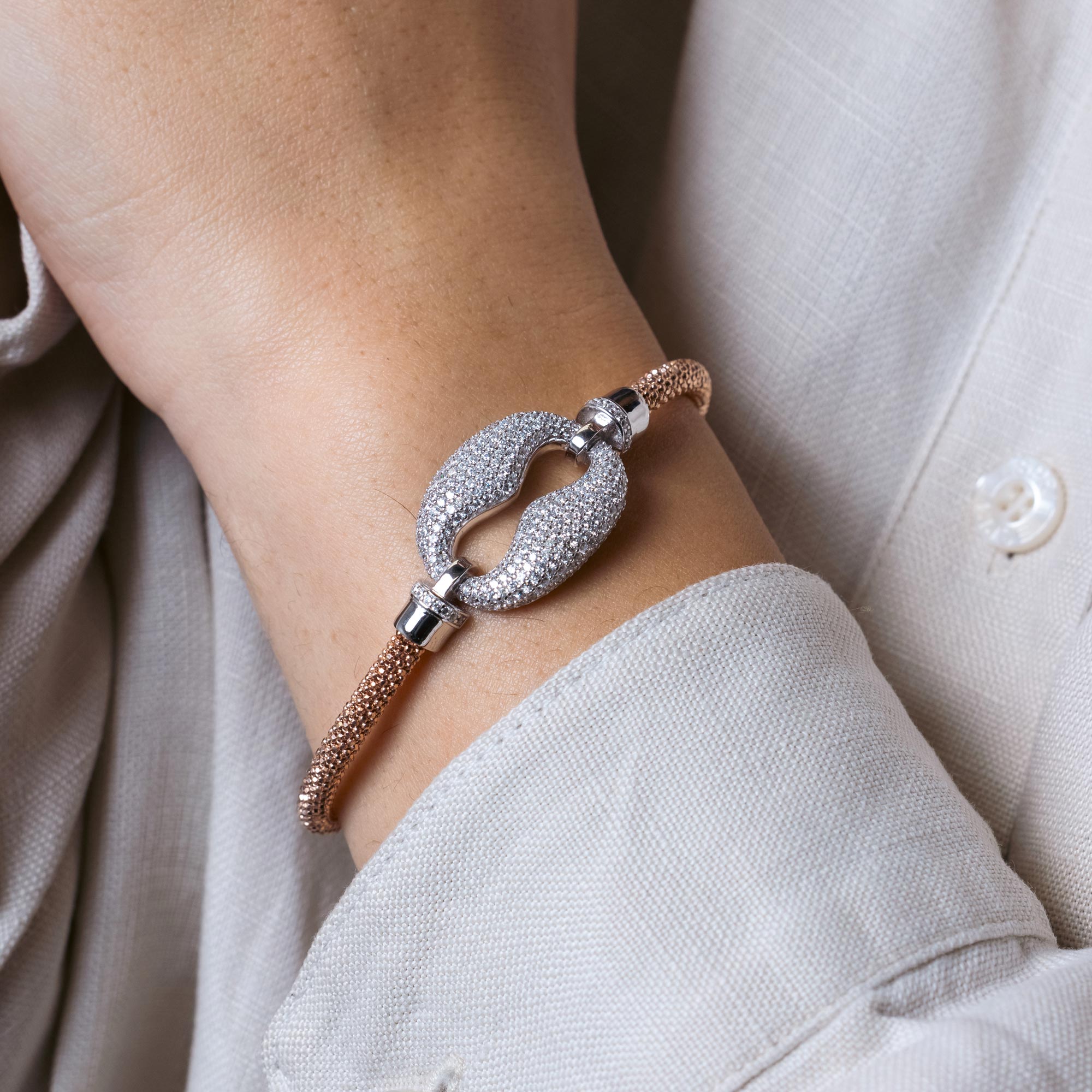 Pulsera italiana con eslabones de circonita chapada en oro rosa y rodio de plata 925 - ITB00186RGP-RH