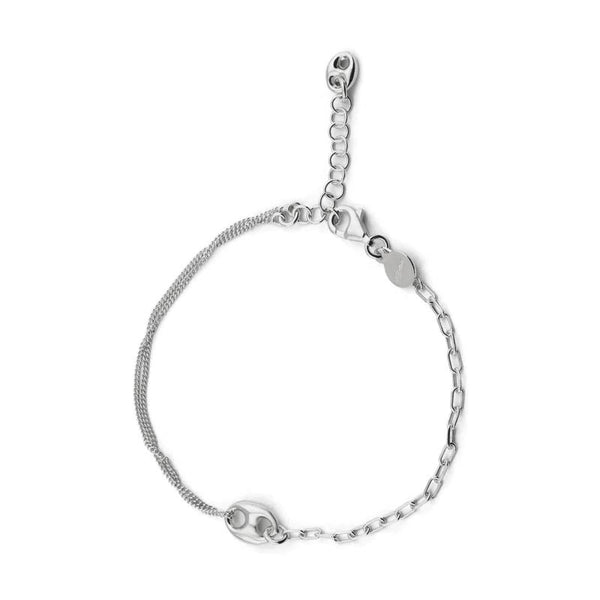 Rhodium Plated 925 Sterling Silver Puffed Mariner Charm Double Strand Curb and Paperclip Adjustable Bracelet - ITB00329-RH