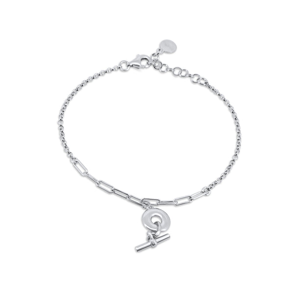 Rhodium Plated 925 Sterling Silver Rolo Paperclip Donut Bar Adjustable Bracelet - ITB00332-RH