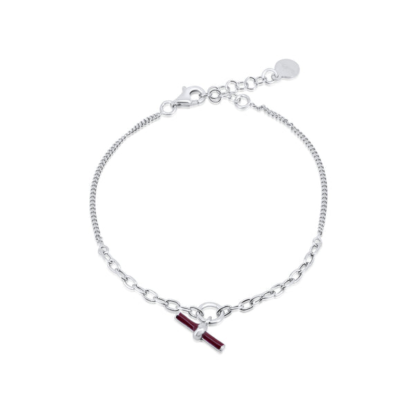 Rhodium Plated 925 Sterling Silver Curb Link Red Enamel Bar Adjustable Bracelet - ITB00338-RH