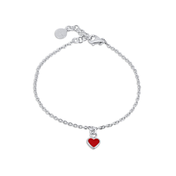 Rhodium Plated 925 Sterling Silver Rolo Link Red Enamel Heart Adjustable Bracelet - ITB00339-RH