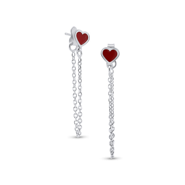 Rhodium Plated 925 Sterling Silver Dangling Heart Red Enamel Stud Earrings - ITE00096-RH