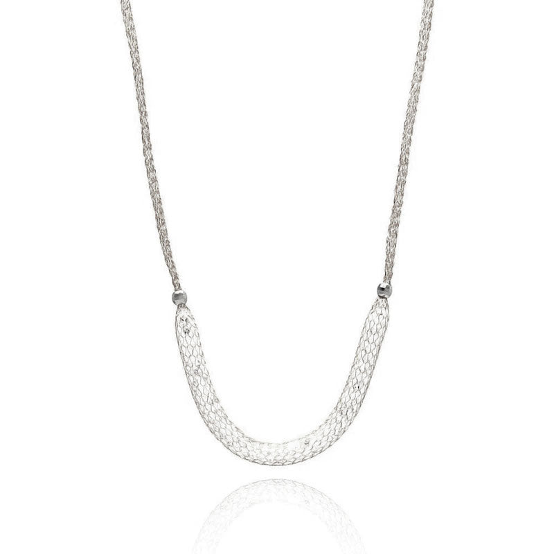 Rhodium Plated 925 Sterling Silver Mesh Necklace Filled with CZ - ITN00024