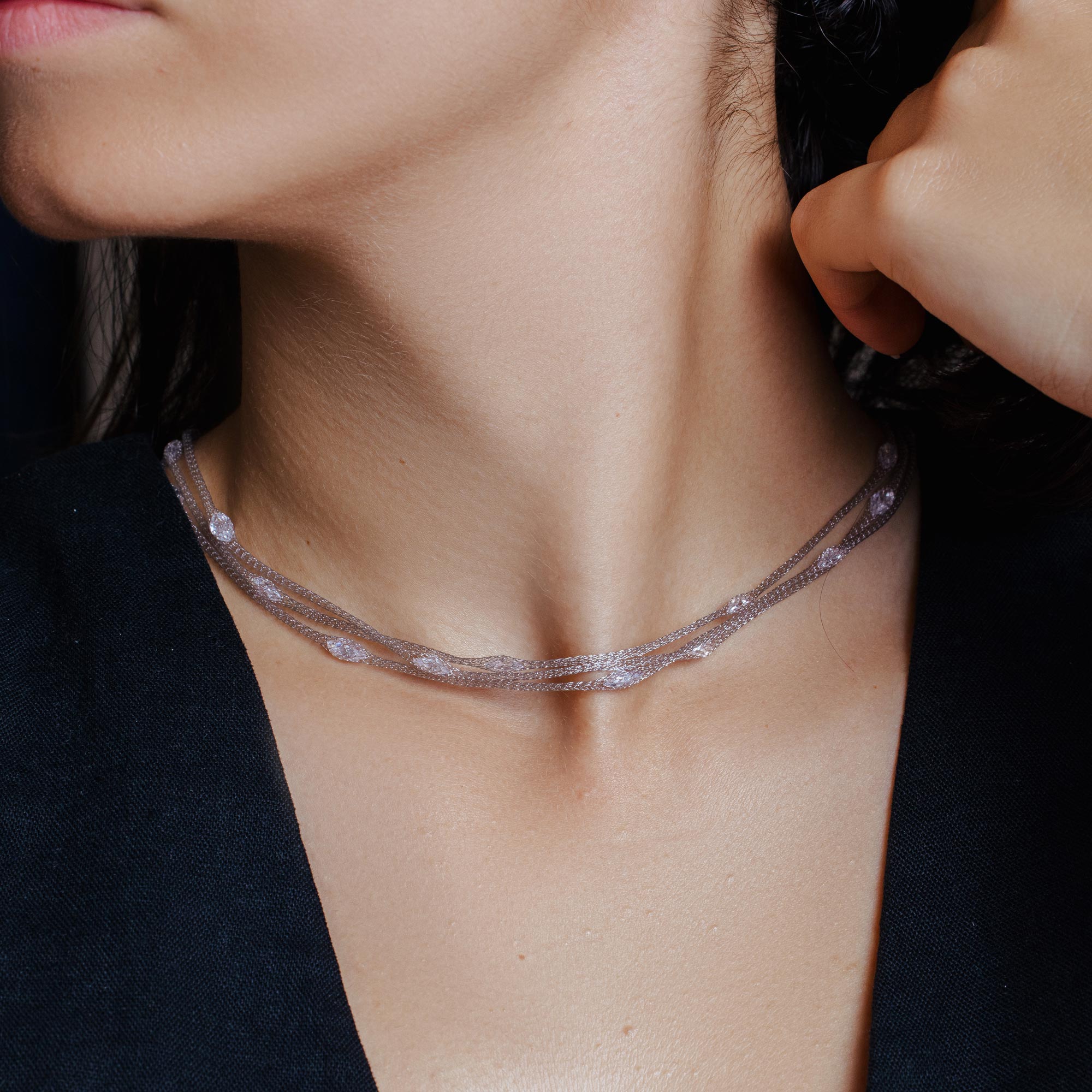 Clearance-Silver 925 Rhodium Plated Triple Strand Mesh Necklace Filled with Marquise CZ - ITN00050