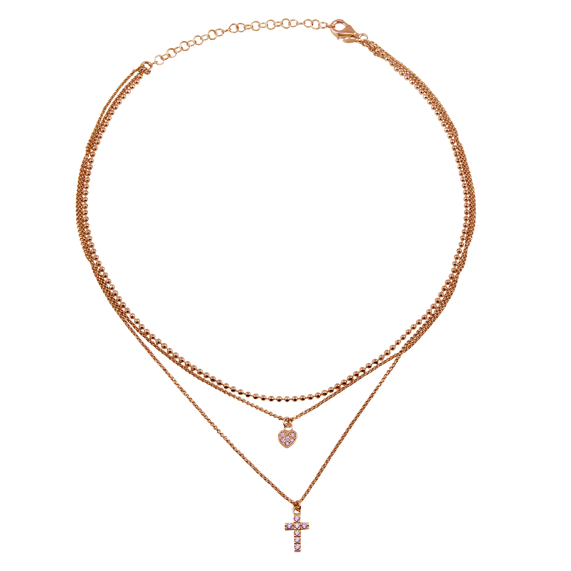 Collar de Corazón CZ y Cruz, Cadena de Triple Bola, Baño de Plata de Ley 925 - ITN00123
