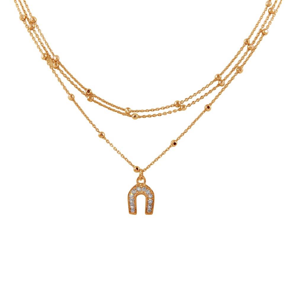 Gargantilla de plata de ley 925 rodiada con múltiples cadenas y dije de herradura de cuentas DC - ITN00126RH