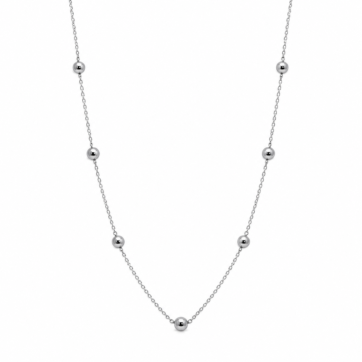 Rhodium Plated 925 Sterling Silver Long Beaded Chain Necklace - ITN00132RH