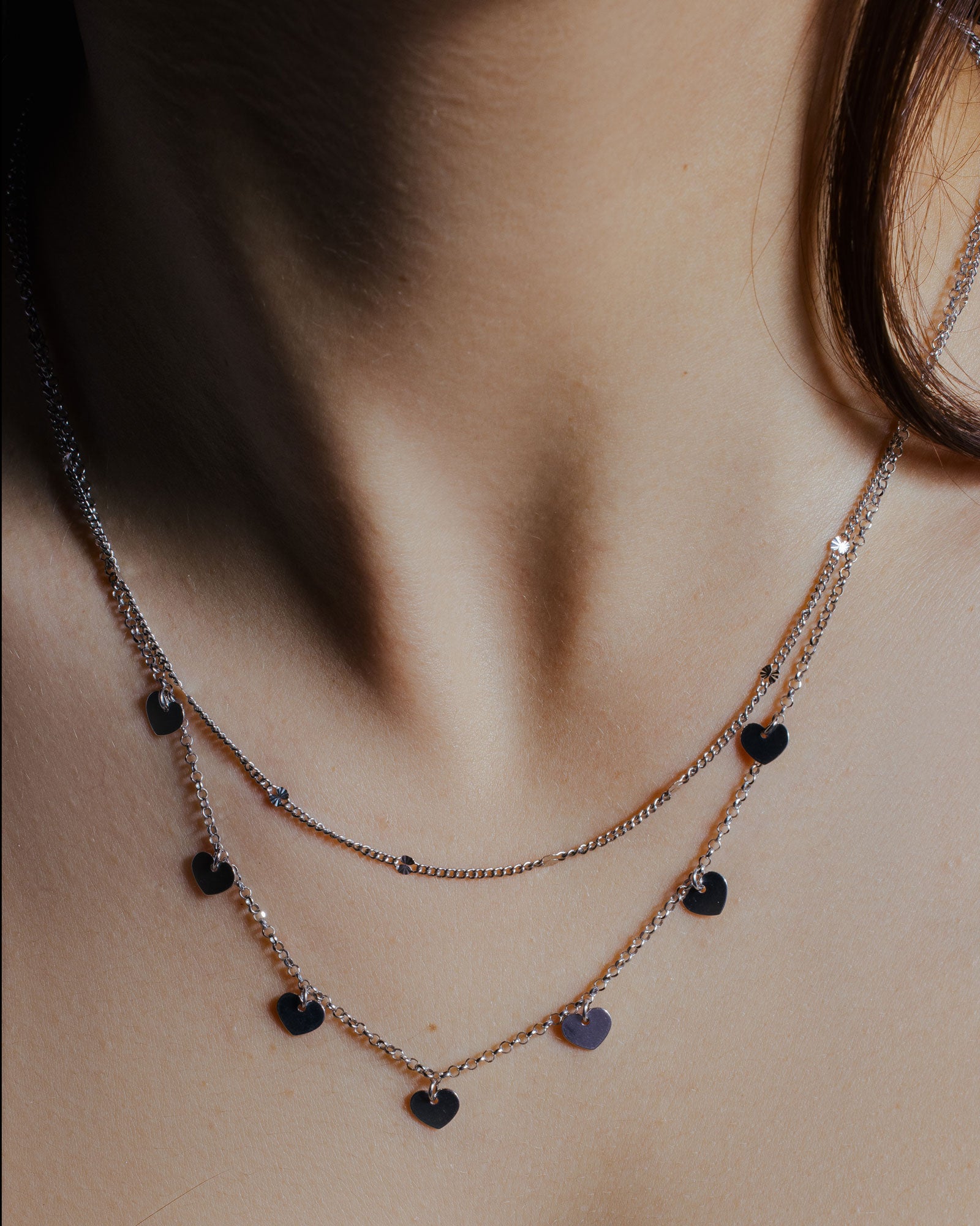 Rhodium Plated 925 Sterling Silver Multi Chain Dangling Heart Charm Necklace - ITN00143-RH