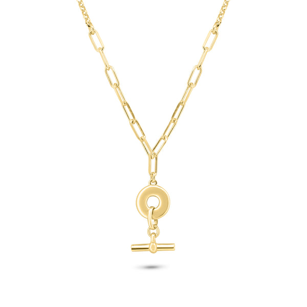 Gold Plated 925 Sterling Silver Paperclip Rolo Adjustable Donut and Bar Necklace - ITN00162-GP
