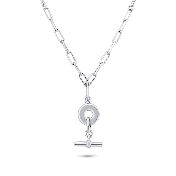 Silver 925 Rhodium Plated Paperclip Rolo Adjustable Donut and Bar Necklace - ITN00162-RH