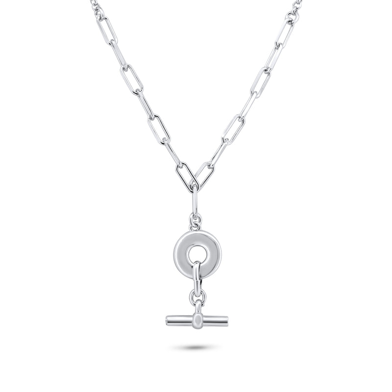 Rhodium Plated 925 Sterling Silver Paperclip Rolo Adjustable Donut and Bar Necklace - ITN00162-RH