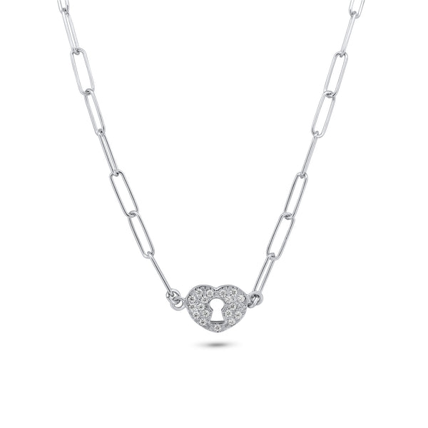 Rhodium Plated 925 Sterling Silver Paperclip Adjustable Clear CZ Heart Lock Necklace - ITN00163-RH
