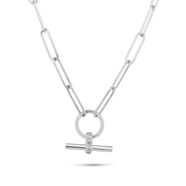 Silver 925 Rhodium Plated Paperclip Adjustable Clear CZ Toggle Charm Bar Necklace - ITN00165-RH