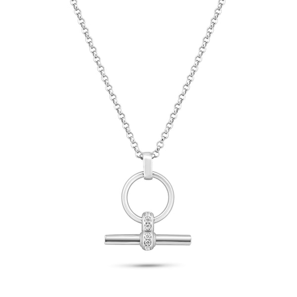 Rhodium Plated 925 Sterling Silver Rolo Adjustable Clear CZ Toggle Charm Bar Necklace - ITN00166-RH