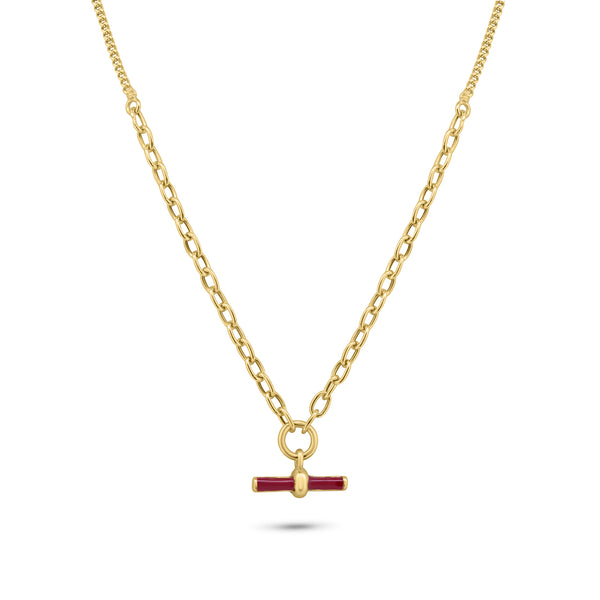 Gold Plated 925 Sterling Silver Curb Rolo Adjustable Enamel Red Bar Necklace - ITN00168-GP