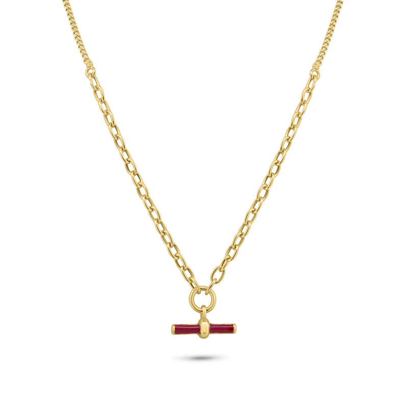 Gold Plated 925 Sterling Silver Curb Rolo Adjustable Enamel Red Bar Necklace - ITN00168-GP