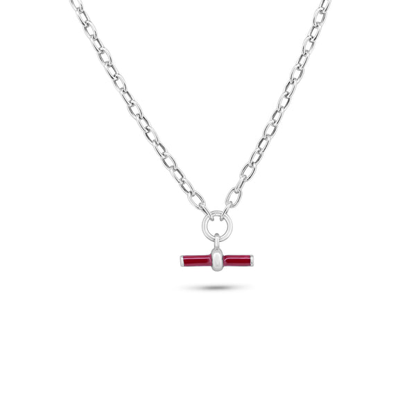 Silver 925 Rhodium Plated Curb Rolo Adjustable Enamel Red Bar Necklace - ITN00168-RH