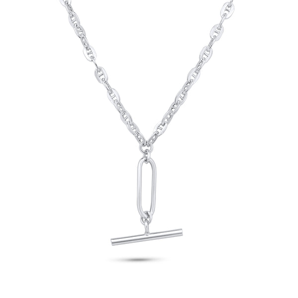 Rhodium Plated 925 Sterling Silver Flat Marina Paperclip Bar Pendant 3.2mm Necklace - ITN00170-RH