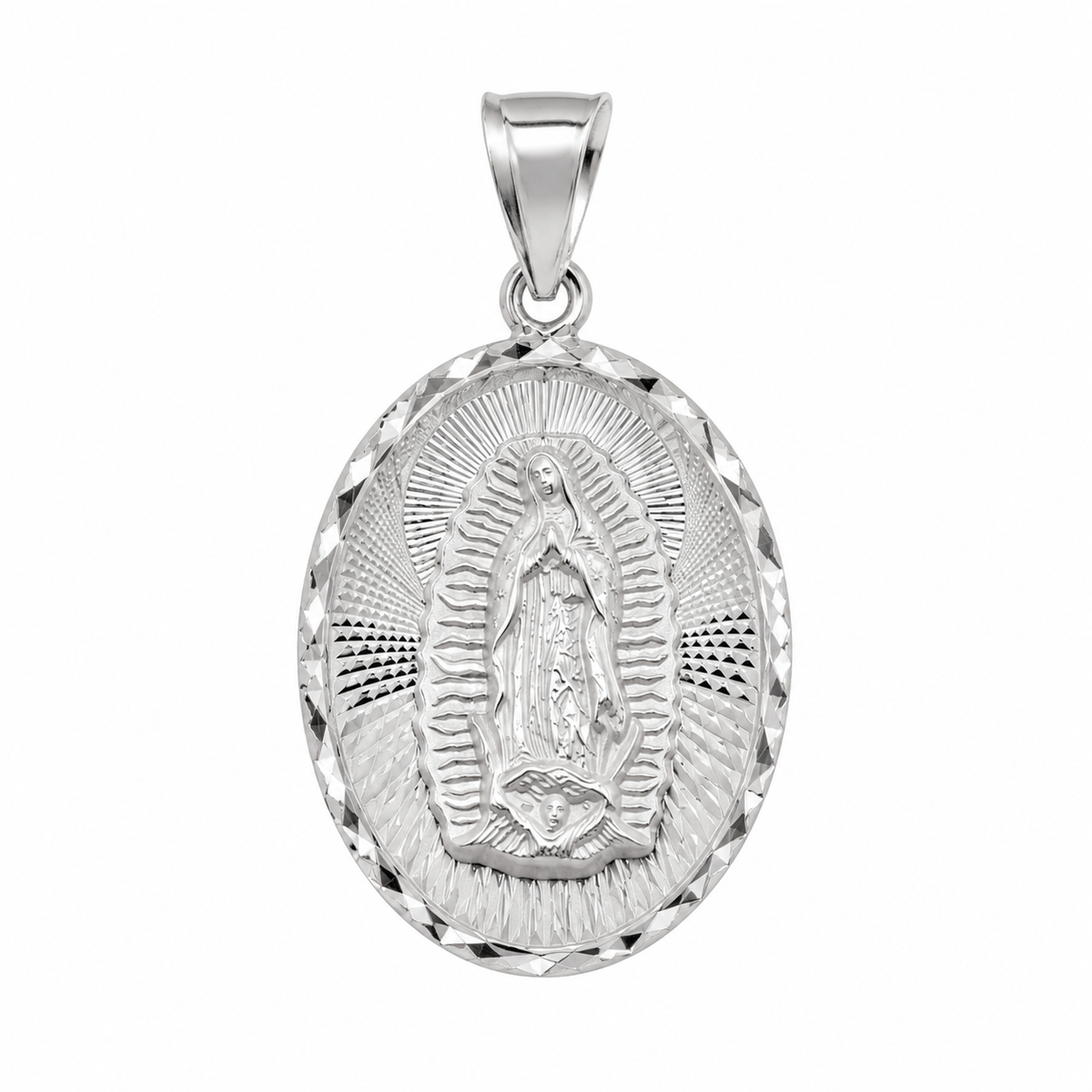 Colgante con medallón ovalado de la Virgen de Guadalupe en plata de ley 925 pulida - JCA099-1